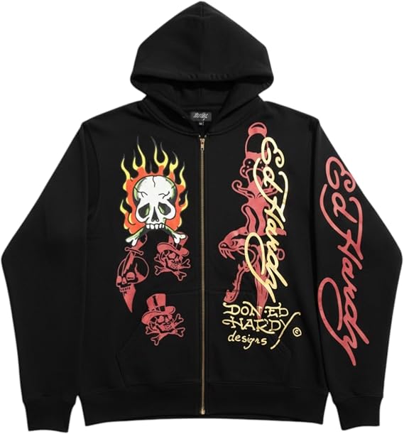 ED HARDY Men's Flame Skull Zip Hoodie in Black EHMR1301-12 - skull sweatshirts
