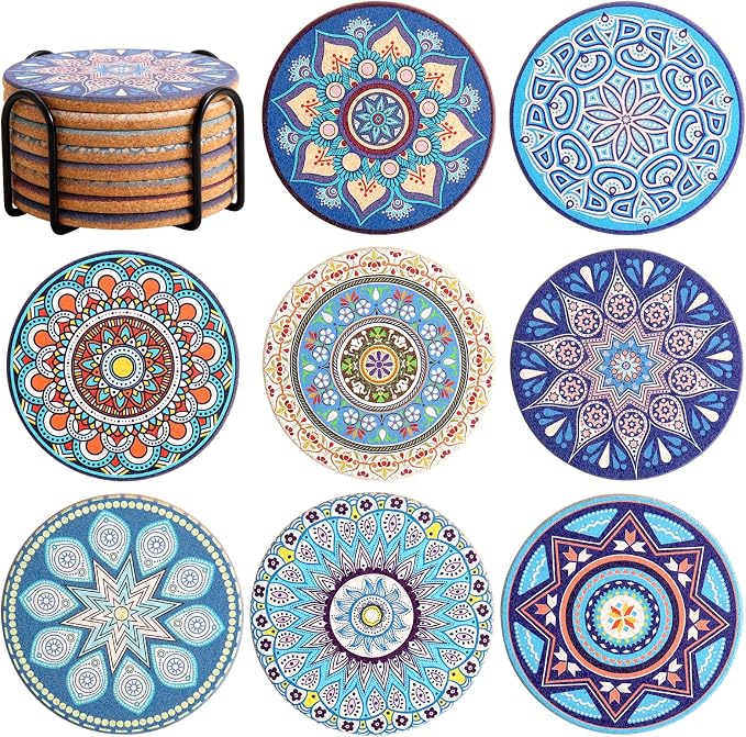Coasters Set of 8,Colorful Cork Drinks Coasters with Holder - skull coaster