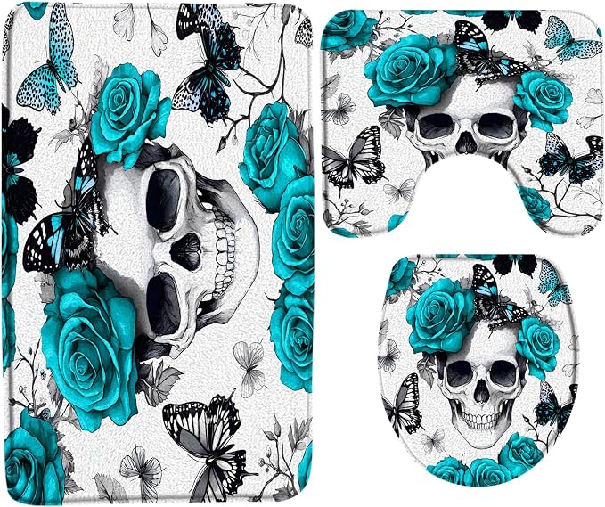 3 Pcs Bath Mat Sets Gothic Skull Floral Bath Rug Teal Funny Human Skeleton Butterfly Rose Flower Halloween Women Unique Scary Spooky Horror 16"x24" Bath Rugs,Toilet Seat Cover,U-Shaped Toilet Rugs - skull toilet mat