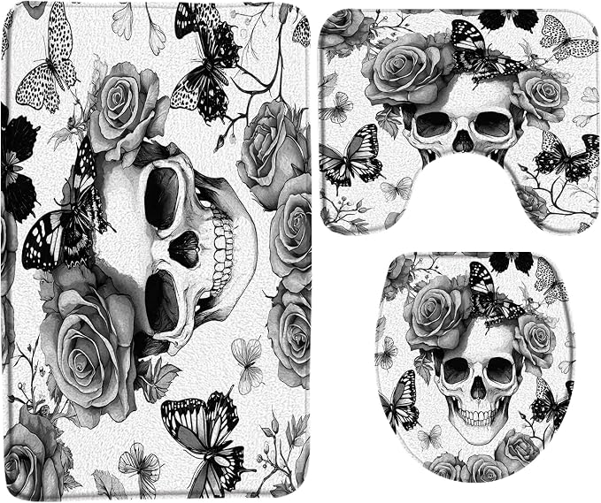 3 Pcs Bath Mat Sets Gothic Skull Floral Bath Rug Grey Funny Human Skeleton Butterfly Rose Flower Halloween Women Unique Scary Spooky Horror 16"x24" Bath Rugs,Toilet Seat Cover,U-Shaped Toilet Rugs - skull toilet mat