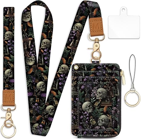 Lanyard Wallet with Id Badge Holder Goth Keychain for Card Women - skull wallet