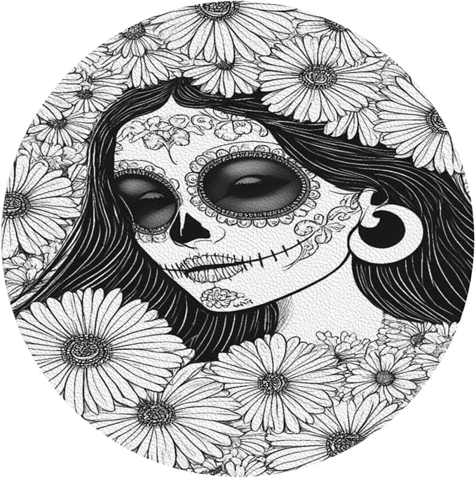 Floral Sugar Skull Portrait Print Leather Coasters Set of 4, Waterproof Heat Resistant Drink Coasters, Non-Slip Table Protection for Kitchen Dining Office - skull coaster