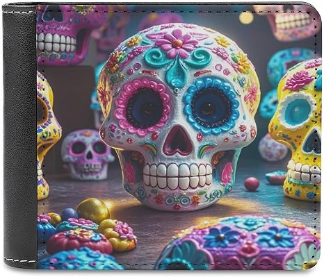 Sugar Skulls Bifold Wallet for Women Men Slim Wallet Small Billfold Minimalist Front Pocket Thin PU Leather Card Holder