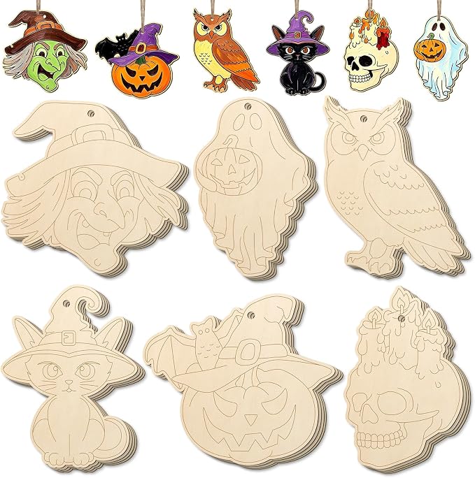 24 Halloween Wood Crafts to Paint Set, Wooden Halloween Paintable Craft