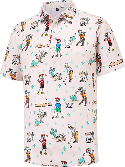 Mens Golf Polo Shirts Short Sleeve Performance Moisture Wicking Dry Fit Casual Print Collared Funny Golf Polo Shirts for Men - skull tshirt