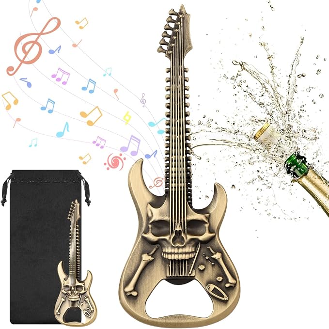 Skull Guitar Bottle Opener, Beer Opener with Gift Bag, Portable Bottle Opener, Father Birthday Gifts, Christmas Gifts for Men, Women, Boyfriend, Dad, Guitar Lovers, Bronze - skull bottle
