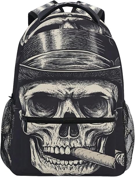 Backpack Cigar Skull Hat for School Boys Girls Laptop Travel Backpack Book Bag Daypack Size S - skull backpack