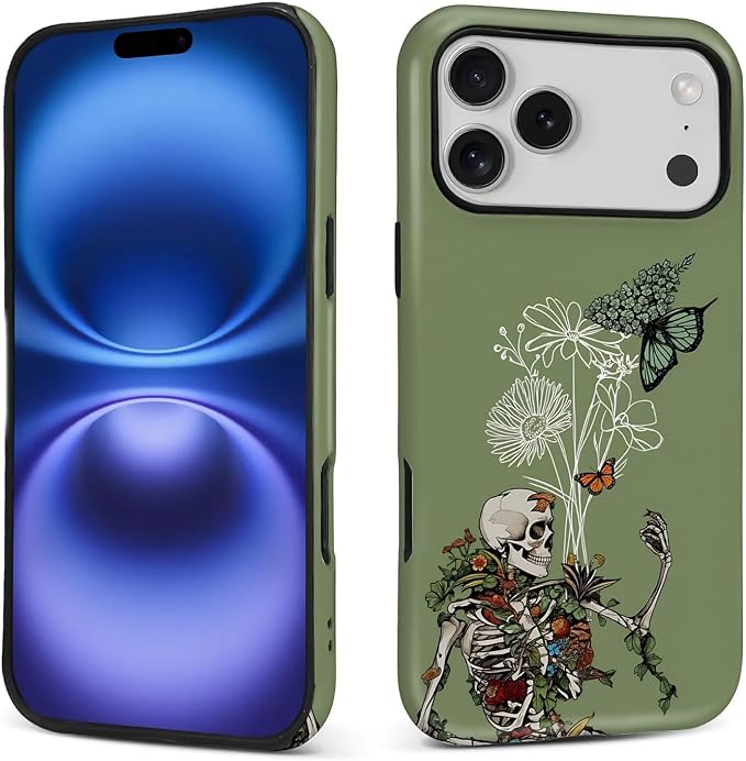for iPhone 18 Pro Max 17 Pro Max Case, Skull Flower Butterfly Green Pattern Print Matte Phone Case Funny Liquid Silicone Case Impact Resistant Anti-Scratch Shockproof Protective Cover - Skull phone case