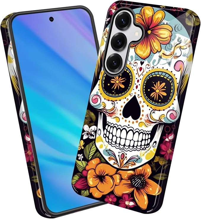 Phone Case for Samsung Galaxy A37 5G,Shockproof Dual-Layer Protective Case,Anti-Scratch Slim Cover,Wireless Charging Compatible Cute Phone Case,Sugar Skull with Flowers - Skull phone case