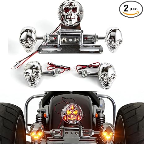 Motorcycle Skull Turn Signal and Taillight Brake License Plate Rear Light 12V for Scooter ATV Dirt Bike Bobber Cruiser Chopper Cafe Racer Motorcycle Accessories - skull plate