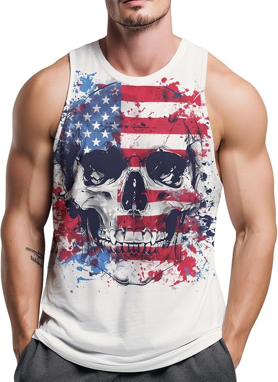 Mens American Flag Skull Tank Tops Patriotic USA Sleeveless Shirt Graphic Gym Workout Muscle Tee - skull tank tops