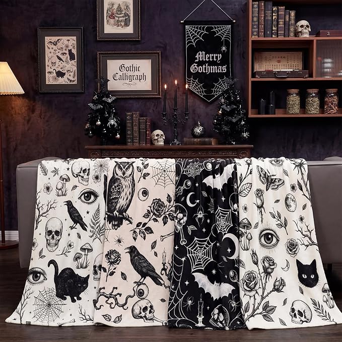 Chumia 4 Pack Halloween Gothic Blankets Bulk 40" x 60" Spooky Goth Gifts - skull bedding