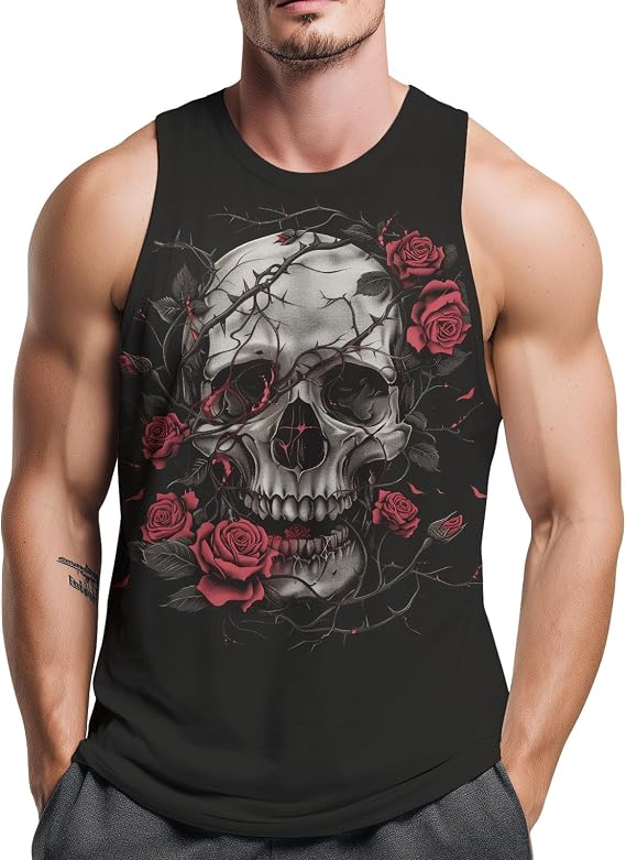 Mens Skull and Rose Tank Tops Gothic Graphic Sleeveless Shirt Muscle Workout Gym Casual Tank Tops - skull tank tops