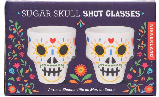 Kikkerland Sugar Skull Shot Glasses – Decorative Drinkware for Dia de Los Muertos – Set of 2 - skull coaster