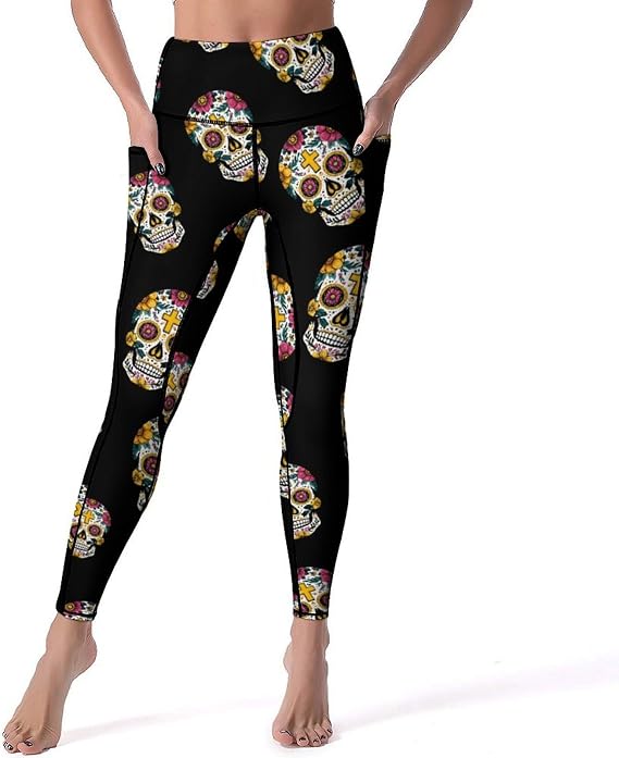 Mexican Sugar Skull Funny Women's Yoga Pants with Pockets Stretchy High Waisted Leggings Lounge Pant - skull leggings