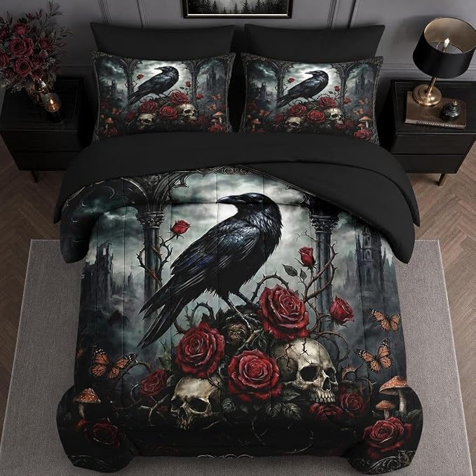 WeCozy Queen Comforter Set with Sheets, 7 Pieces Gothic Skull Bedding