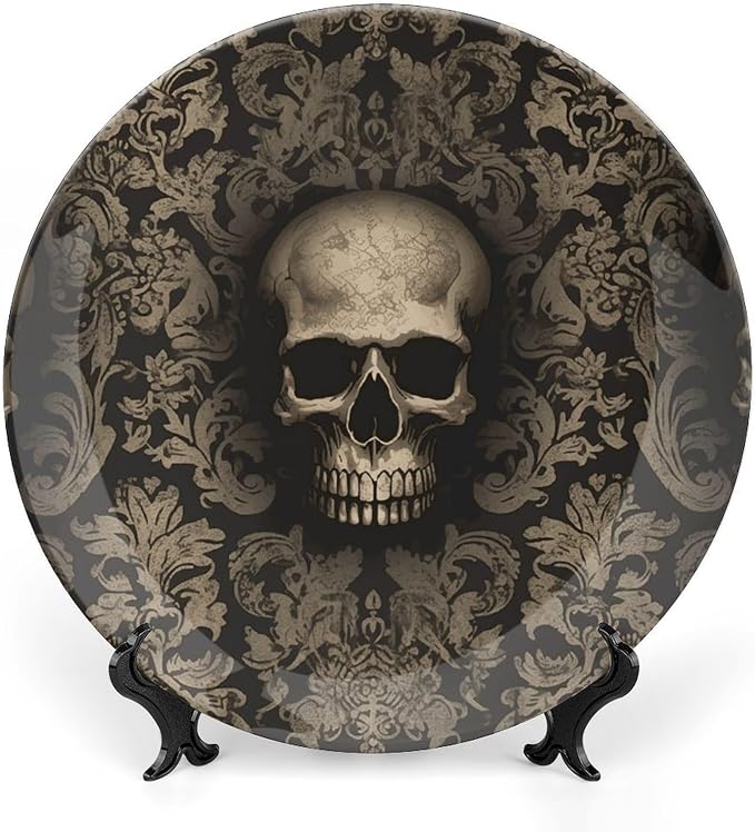 8 in Bone China Decorative Plate Set with Display Stand Porcelain Gothic Wallpaper Skull Dinner Plates for Wall Hanging Home Office Collections Ceramic Ornaments No Drill Wall Mount Kit Included - skull plate