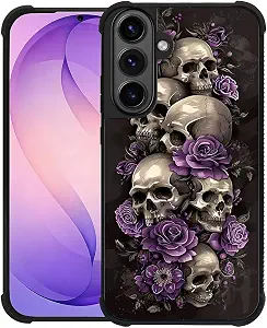 Compatible with Samsung Galaxy S26 Plus Case, Shockproof Protective for Man Women Non-Slip for Samsung Galaxy S26 Plus Crazy Pattern Illustration Scary Skulls Purple Roses - Skull phone case