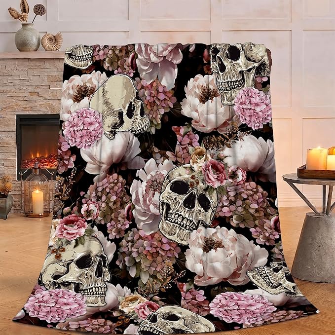 Skull Floral Boho Throw Blanket for Couch Chair Sofa Bed Travel Camping, Warm Cozy Flannel Soft Vintage Flower Gothic Skull Witchy Skeleton Blanket for Bedroom Living Room Car for All Season 30"x 40" - skull blanket