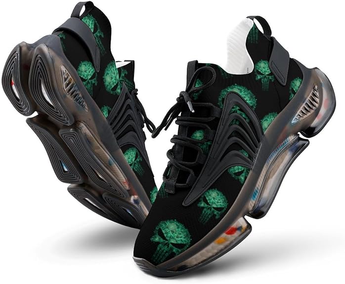 Green Punish1 Skull Novelty Men's Sporting Shoes Lightweight Elastic Running Shoe Tennis Sneakers - sugar skull boots