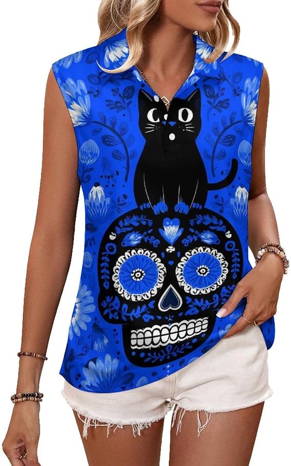 Cats on Sugar Skull Funny Women's Tank Tops Casual V-Neck Sleeveless Shirts Blouse Tops - skull tank tops
