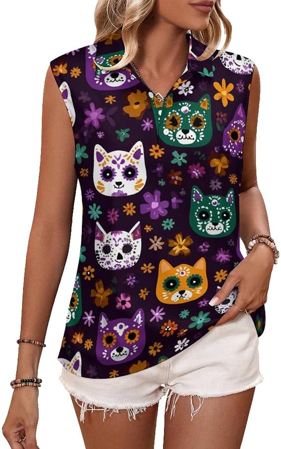 Cute Sugar Skull Cats Funny Women's Tank Tops Casual V-Neck Sleeveless Shirts Blouse Tops - skull tank tops