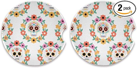 Sugar Skulls with Flower Car Cup Holder Coasters 2 Pack Ceramic Non Slip Absorbent Car Coasters with Finger Notch Auto Cup Holders Inserts for Women Men - skull coaster
