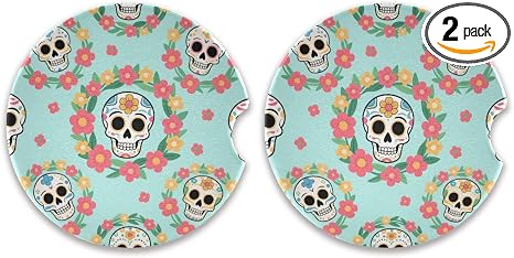 Sugar Skulls Car Cup Holder Coasters 2 Pack Ceramic Non Slip Absorbent Car Coasters with Finger Notch Auto Cup Holders Inserts for Women Men - skull coaster