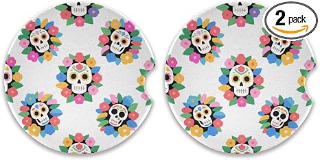 Sugar Skull Car Cup Holder Coasters 2 Pack Ceramic Non Slip Absorbent Car Coasters with Finger Notch Auto Cup Holders Inserts for Women Men - skull coaster