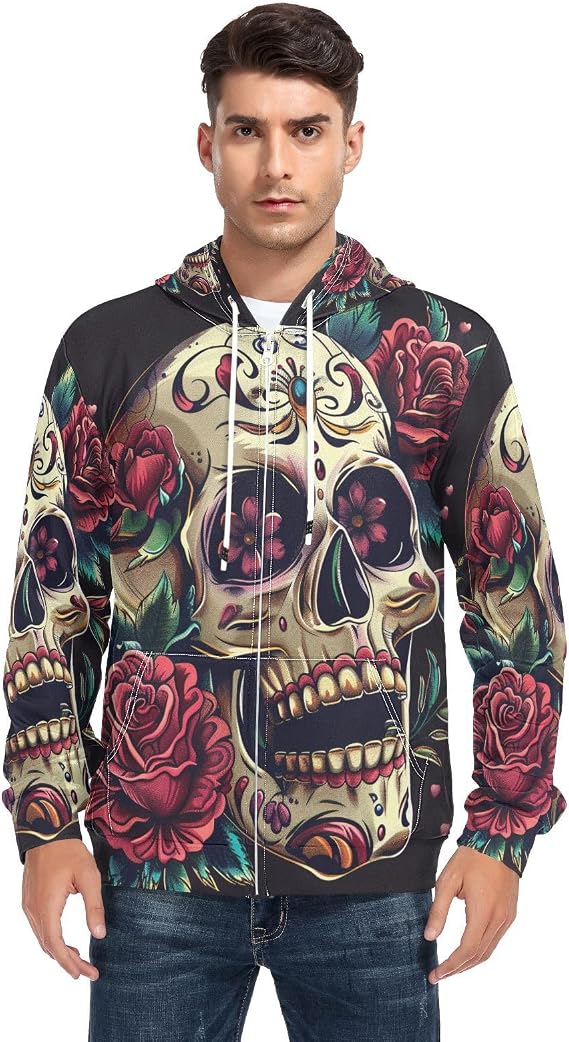 Sugar Skull and Roses Men's Full-Zip Fleece Hoodie - skull sweatshirts