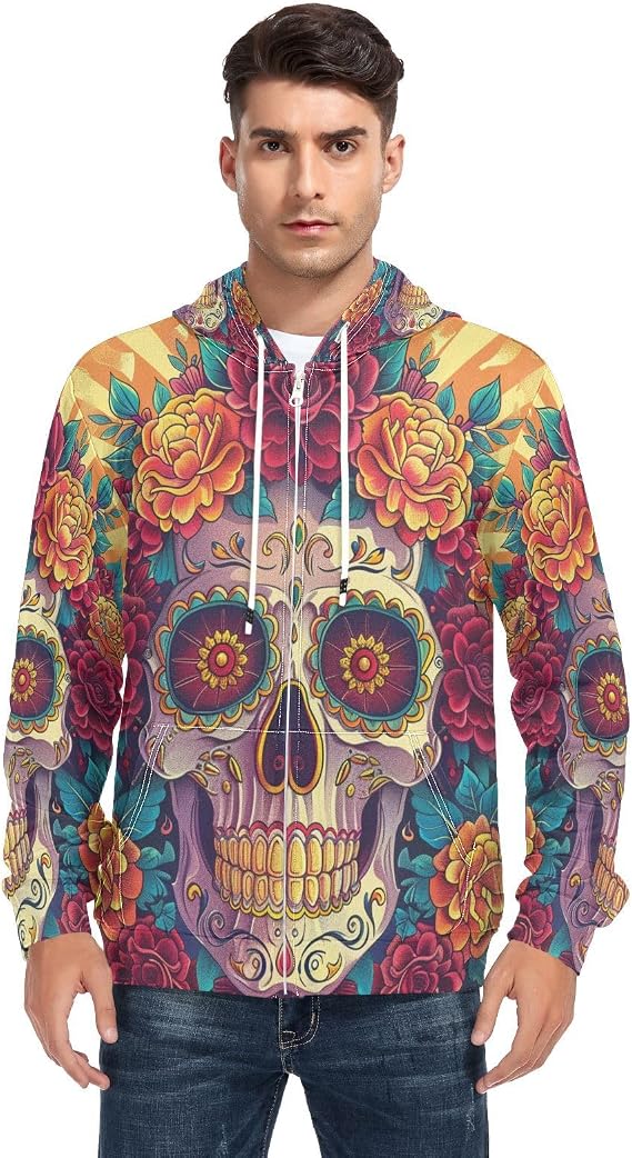 Sugar Skull The Day Of Dead Men's Full-Zip Fleece Hoodie - skull hoodie