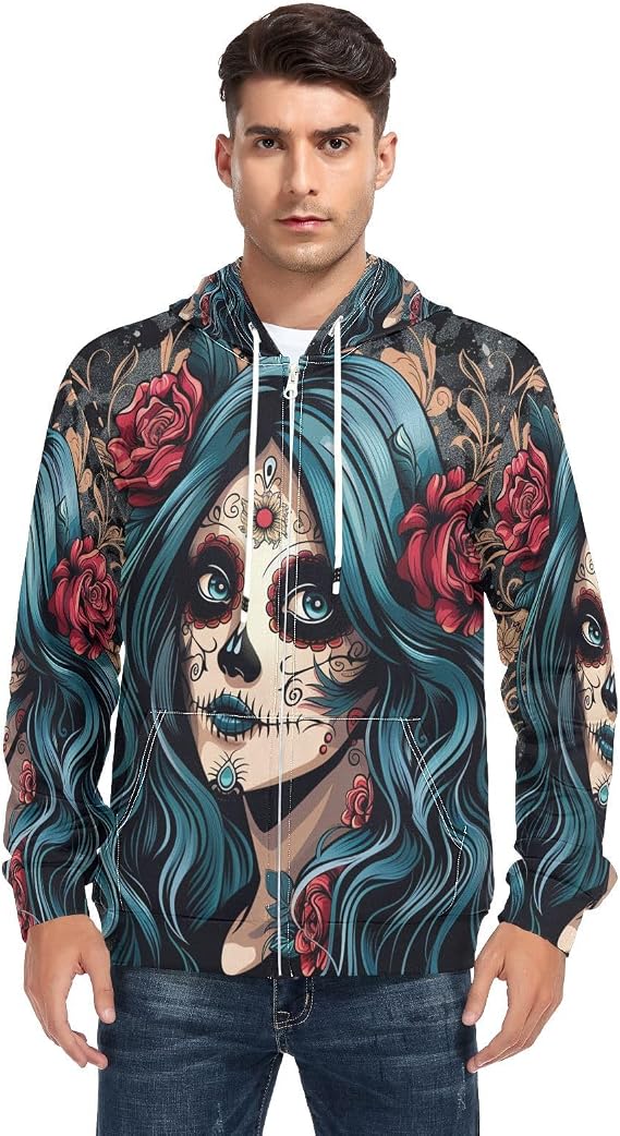 Sugar Skull Girl Blue Hair Men's Full-Zip Fleece Hoodie - skull sweatshirts