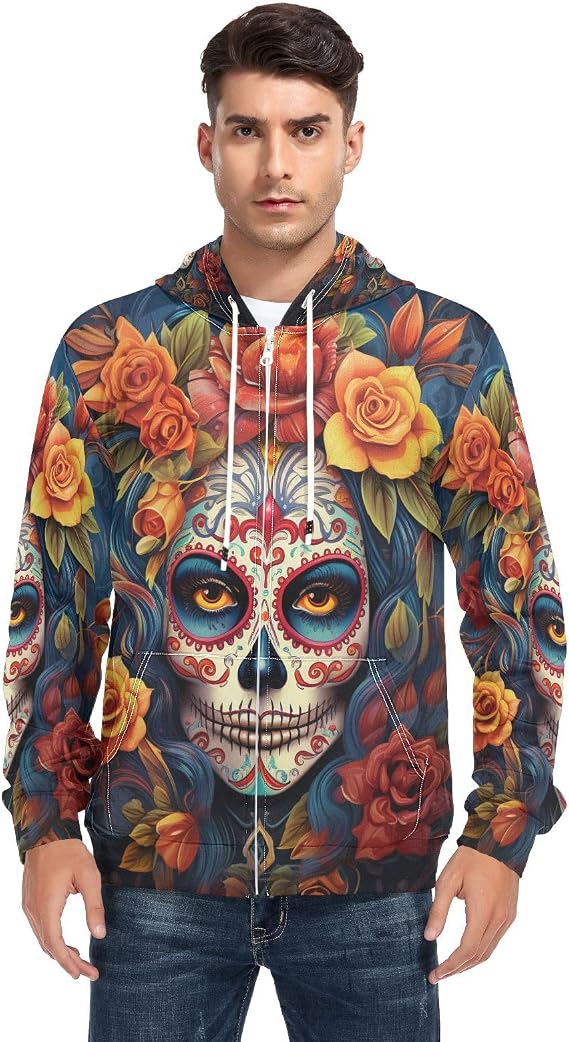 Dia Muertos Mexican Day Of The Dead Girl Sugar Skull Men's Full-Zip Fleece Hoodie - skull hoodie