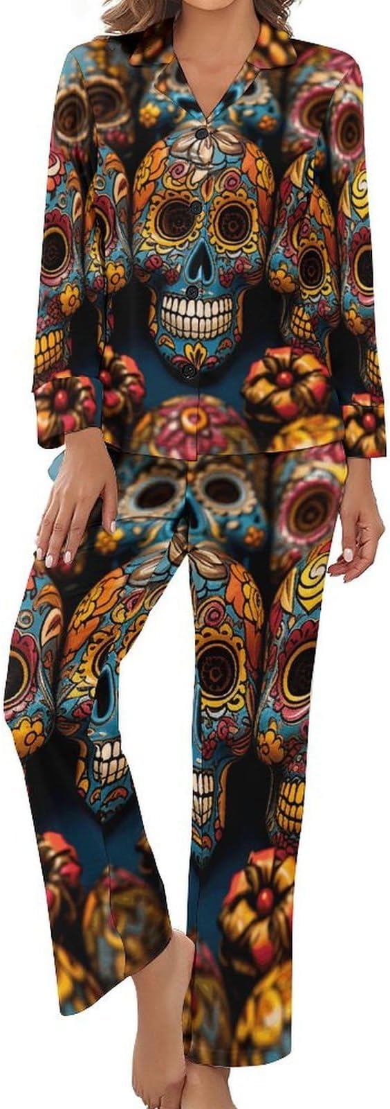 Colorful Sugar Skulls Women's Pajama Set Long Sleeve V-Neck Loungewear Soft Sleepwear Top And Pants with Pockets - skull pajamas