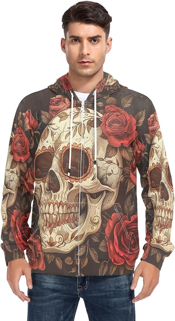 Sugar Skull and Roses Vintage Retro Men's Full-Zip Fleece Hoodie - skull sweatshirts