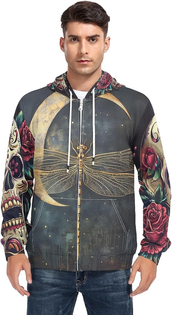 Dragonfly Crescent Moon Sugar Skull and Roses Men's Full-Zip Fleece Hoodie - skull sweatshirts