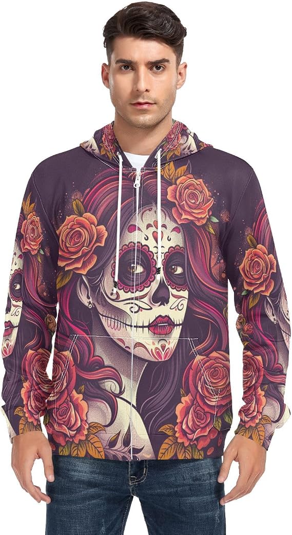 Beautiful Sugar Skull Girl Men's Full-Zip Fleece Hoodie - skull sweatshirts