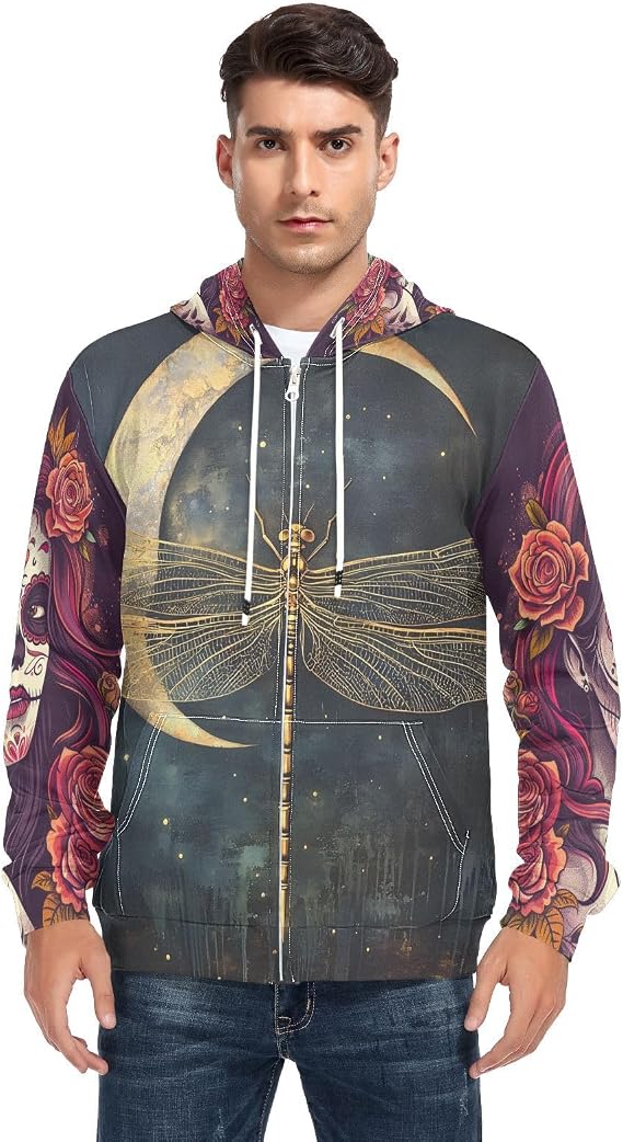 Dragonfly Crescent Moon Beautiful Sugar Skull Girl Men's Full-Zip Fleece Hoodie - skull sweatshirts