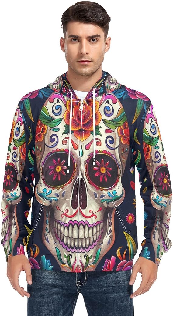 Sugar Skull The Day Of Dead Floral Men's Full-Zip Fleece Hoodie - skull sweatshirts