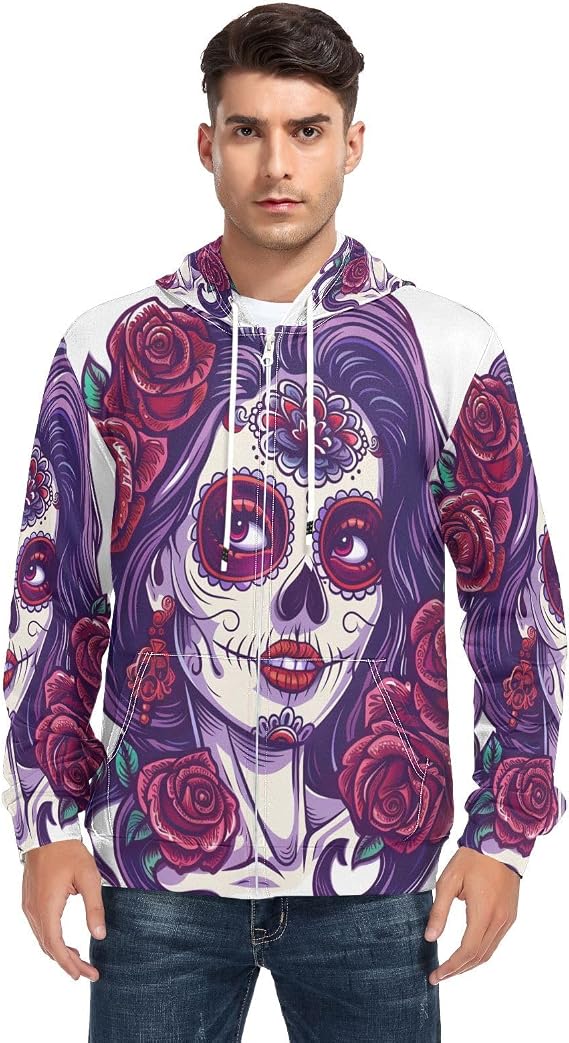 Sugar Skull Girl with Roses Day Of The Dead Men's Full-Zip Fleece Hoodie - skull hoodie