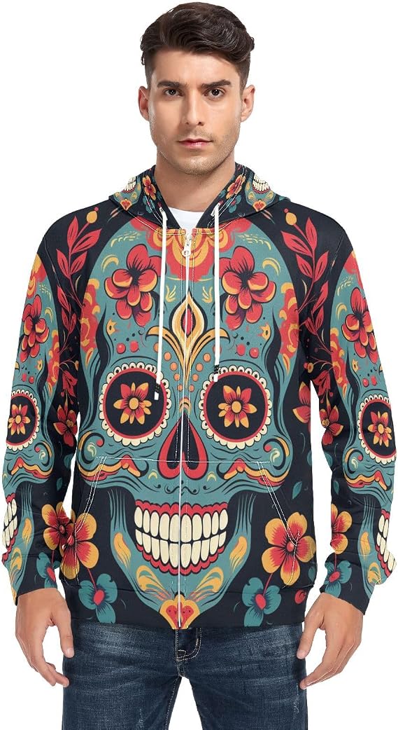 Sugar Skull Flower on Black Men's Full-Zip Fleece Hoodie - skull sweatshirts