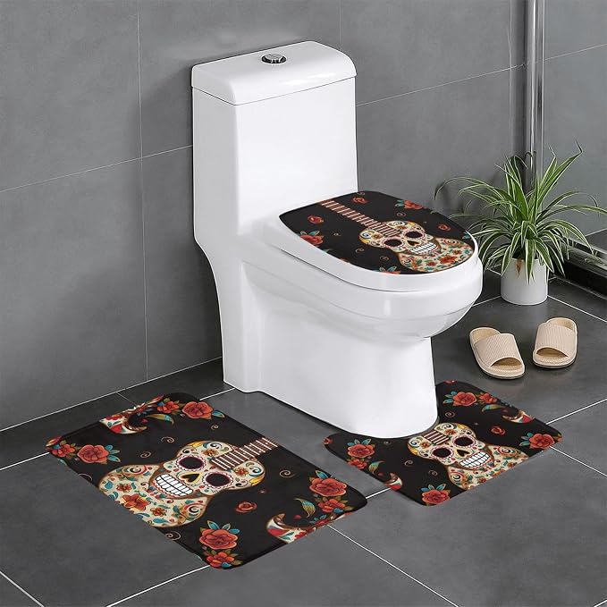 Bathroom Rugs Sets 3Piece Bath Mat Ultra Absorbent Non-Slip Bath Rugs Guitar Pepper Sugar Skull Floor Mats Soft Shower Rug U-Shaped Contour Toilet Rug Toilet Lid Cover for Tub Shower - skull toilet rug