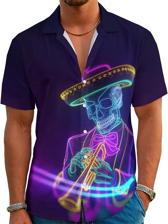 Mens Funny Hawaiian Shirt, Retro Graphic Aloha Button Down, Quirky Summer Vacation Party Shirt, Casual Tropical Holiday Top - skull tshirt