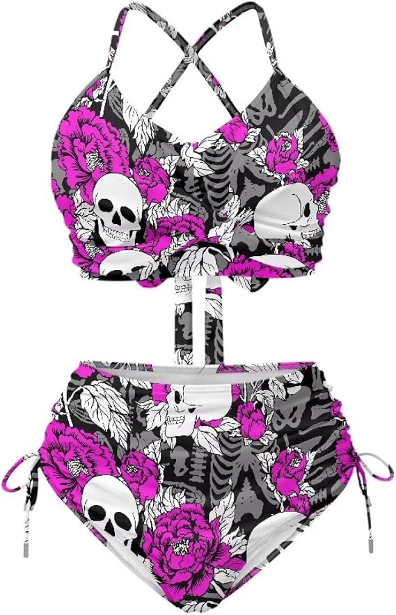 Plus Size Bathing Suit for Women 2 Piece Size XS-2XL High Waisted Bathing Suit for Women Tummy Control - skull swimsuit