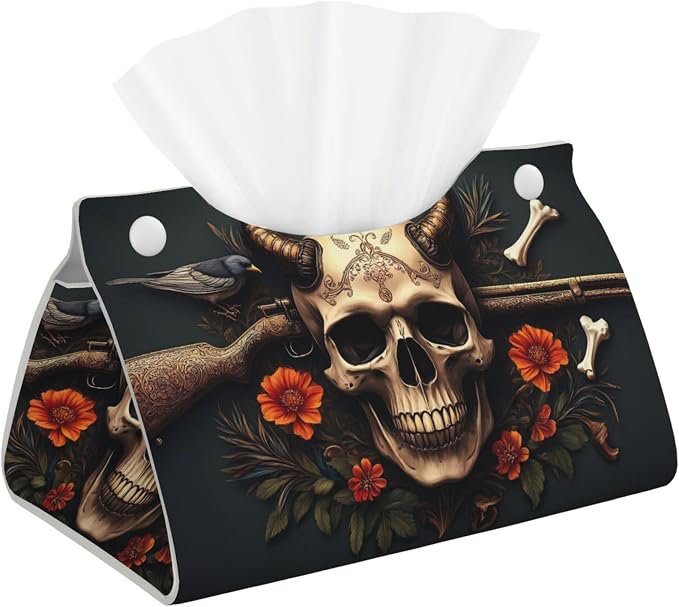 Metal Style Horned Skull for Leather Tissue Box Holder Wipes Dispenser Paper Cover Tissue Organizer Box for Bathroom Living Room Bedroom - skull toilet paper