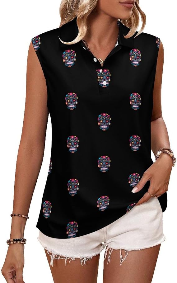 Sugar Skull Women's Sleeveless Golf Polo Shirts V Neck Tennis Tank Tops Lightweight Athletic Shirt - skull tank tops