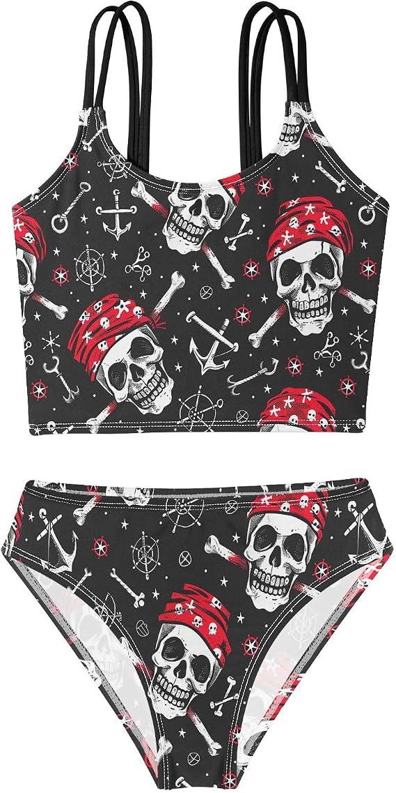 visesunny Girls Tankini Swimsuit Cute Pattern 2 Piece Bikini Bathing Suits Double Thin Shoulder Straps Beach Swimwear 9-10Y - skull swimsuit