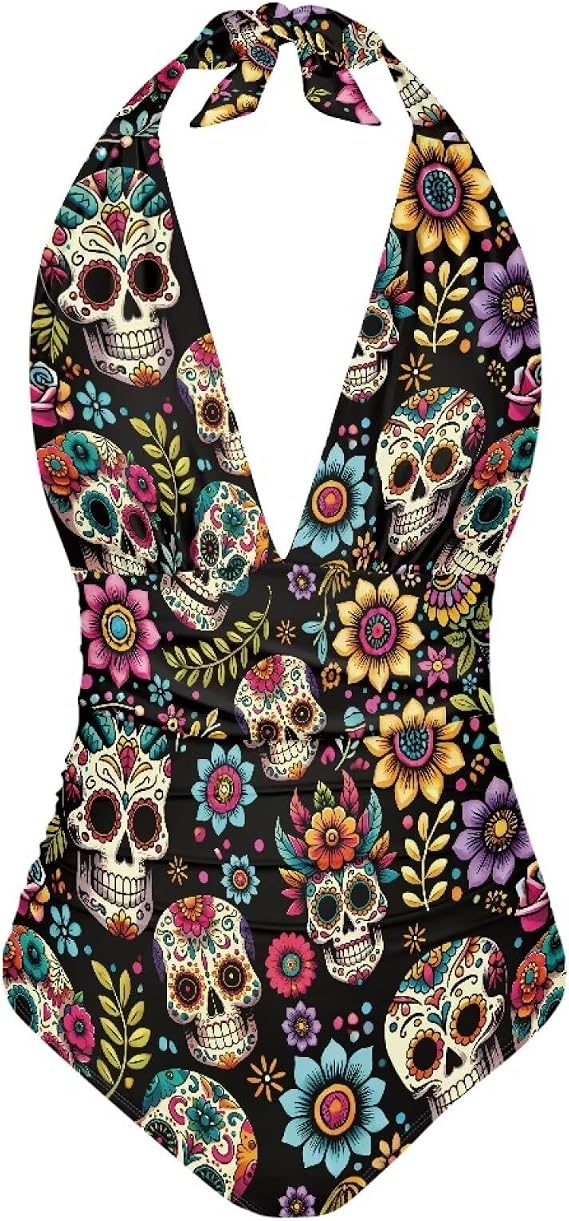 One Piece Swimsuit Women Tummy Control V Neck Sexy Bathing Suit Halter Top Ruched Swimwear Beach Outfit XS-3XL