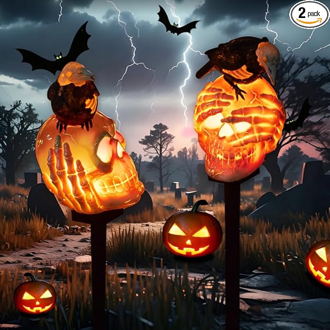 2 Packs of LED Solar Powered Skull Crow Lights, Halloween Outdoor Atmosphere Decoration lamp, Cute Resin Crow Skull Courtyard Landscape Lights. - skull lamp