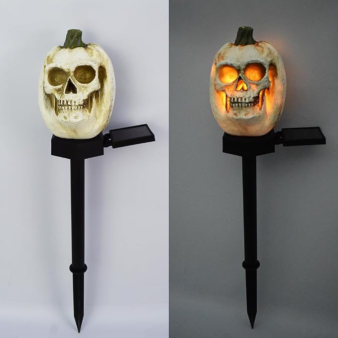 LED Solar Pumpkin Skull Ground Light, Halloween Outdoor Atmosphere Decoration lamp, Cute Resin Pumpkin Skull Courtyard Landscape Light. - skull lamp